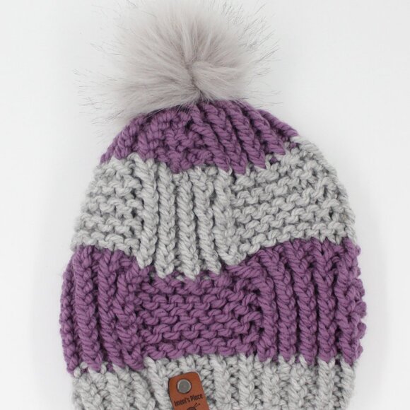 Handmade Hand Knit Purple Box Stitch Knit Hat Removable Pompom for Kids 6/10 y - Picture 2 of 3